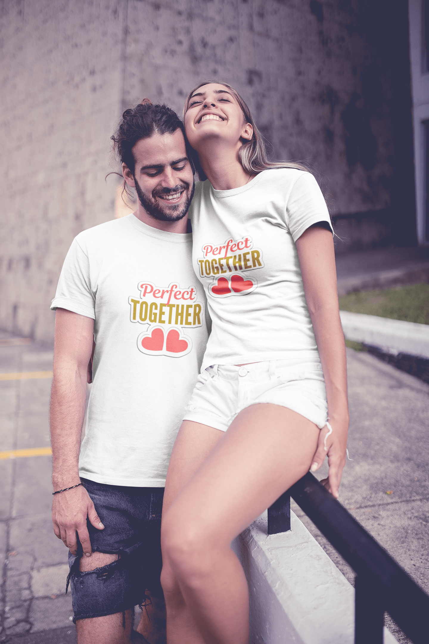 couple-wearing-t-shirts-mockup-in-an-urban-environment-a20589