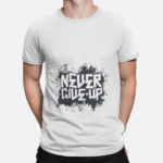 Unbound Never Give Up bold motivational quote printed on white t-shirt