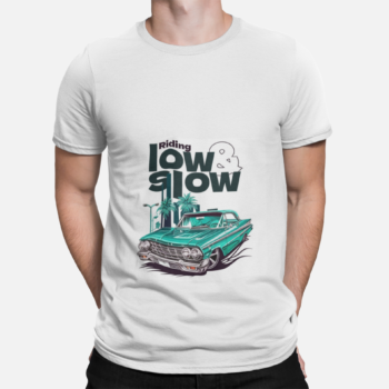 Riding Low and Slow lowrider car graphic t-shirt for classic car enthusiasts