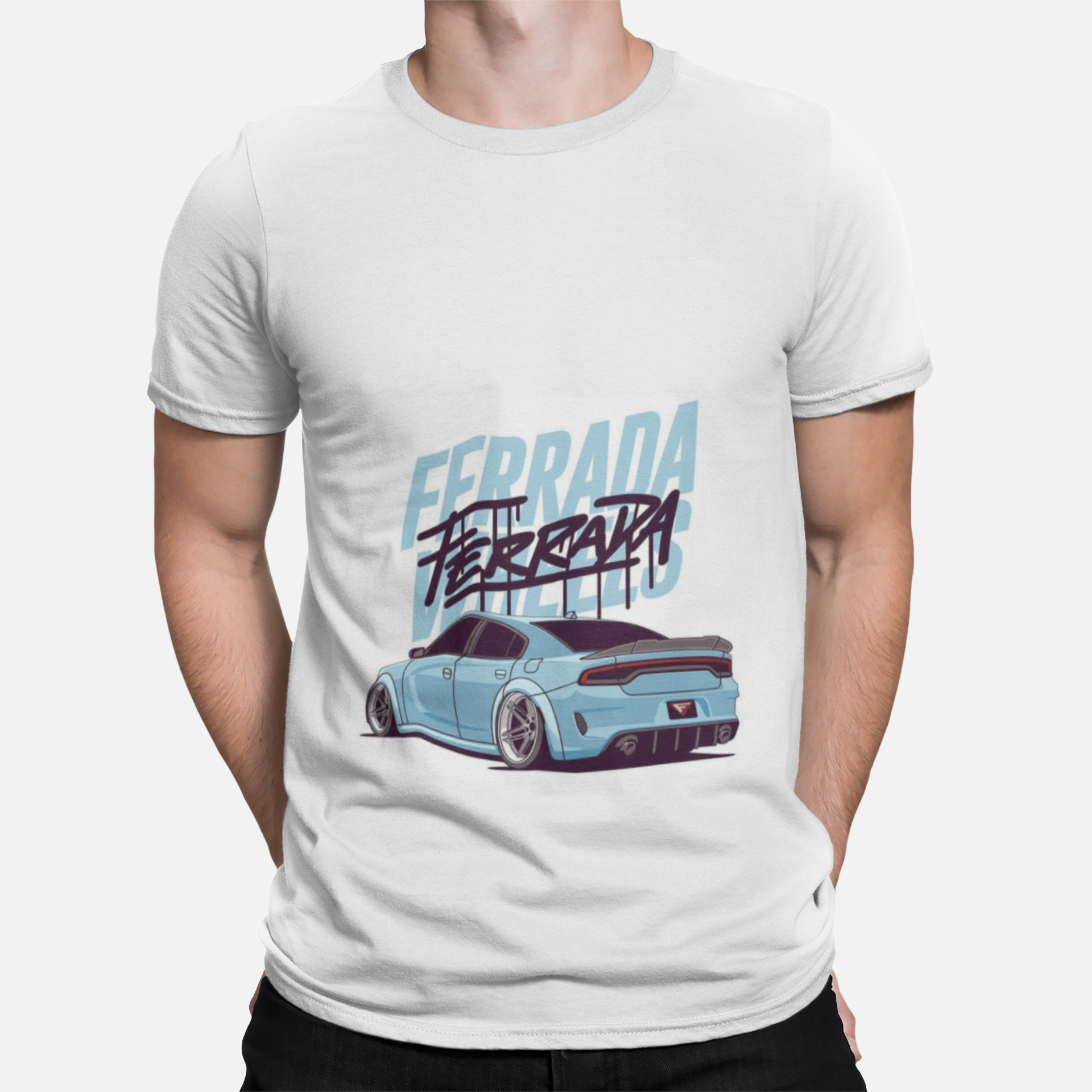 mockup-of-a-man-wearing-a-customizable-t-shirt-against-a-plain-color-backdrop-1422-el1 Ferrada street muscle Dodge Charger slammed car t-shirt