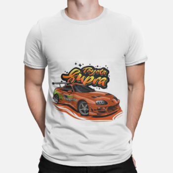 White t-shirt with orange Toyota Supra MK4 street racing car illustration and graffiti-style text