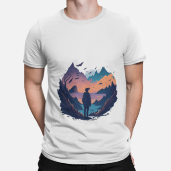 Unbound Wanderer minimal t-shirt showing a lone traveler in a surreal mountain landscape