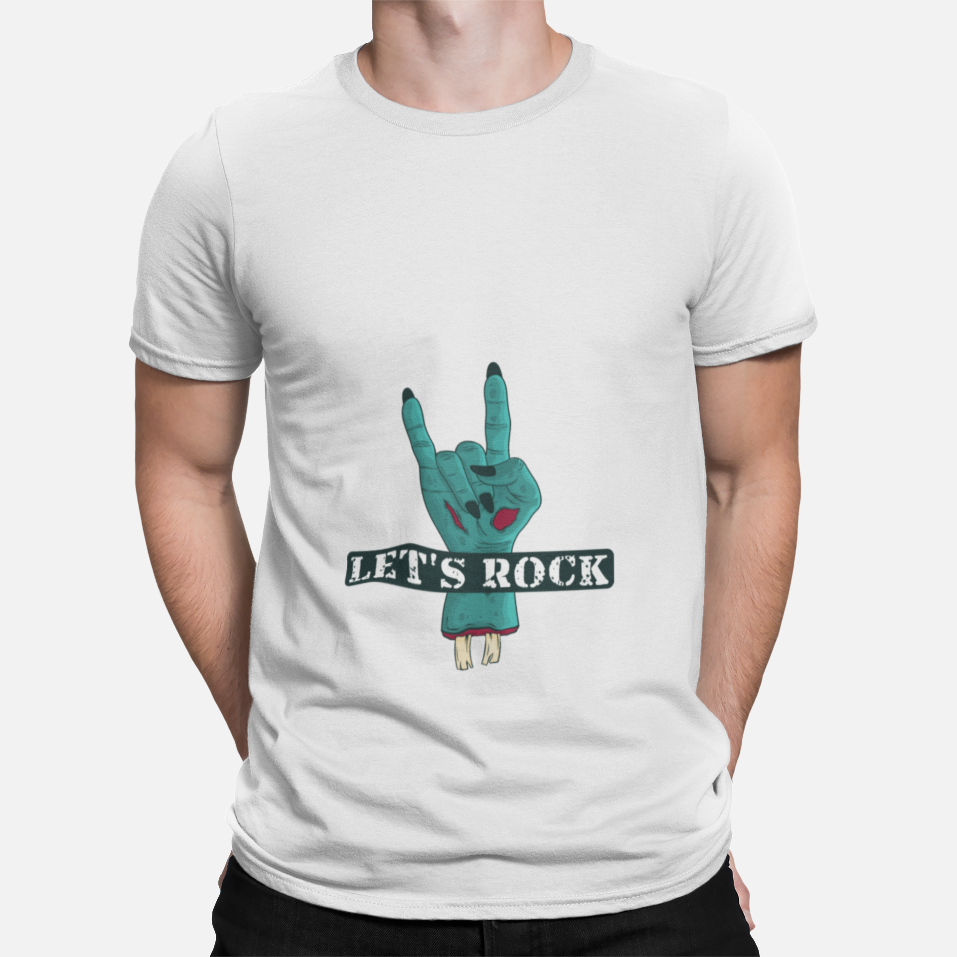mockup-of-a-man-wearing-a-customizable-t-shirt-against-a-plain-color-backdrop-1422-el1 Unbound Let’s Rock hand sign graphic printed on white t-shirt