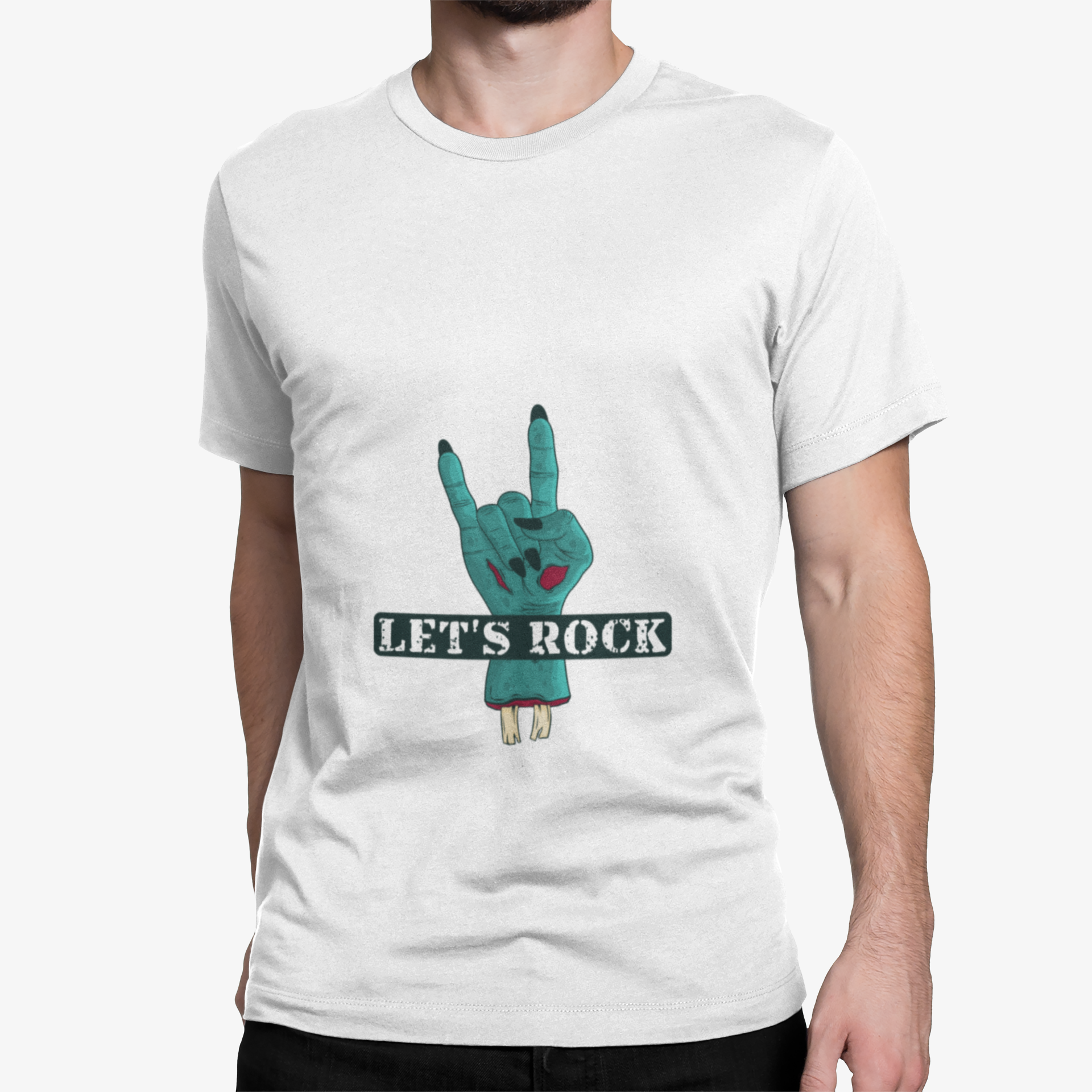 mockup-of-a-man-wearing-a-t-shirt-against-a-customizable-background-1423-el Unbound Let’s Rock hand sign graphic printed on white t-shirt