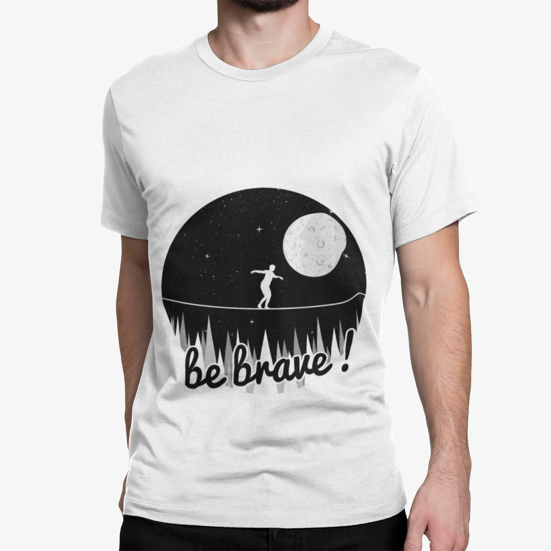 mockup-of-a-man-wearing-a-t-shirt-against-a-customizable-background-1423-el Unbound Be Brave minimal graphic t-shirt showing a person balancing under the moon