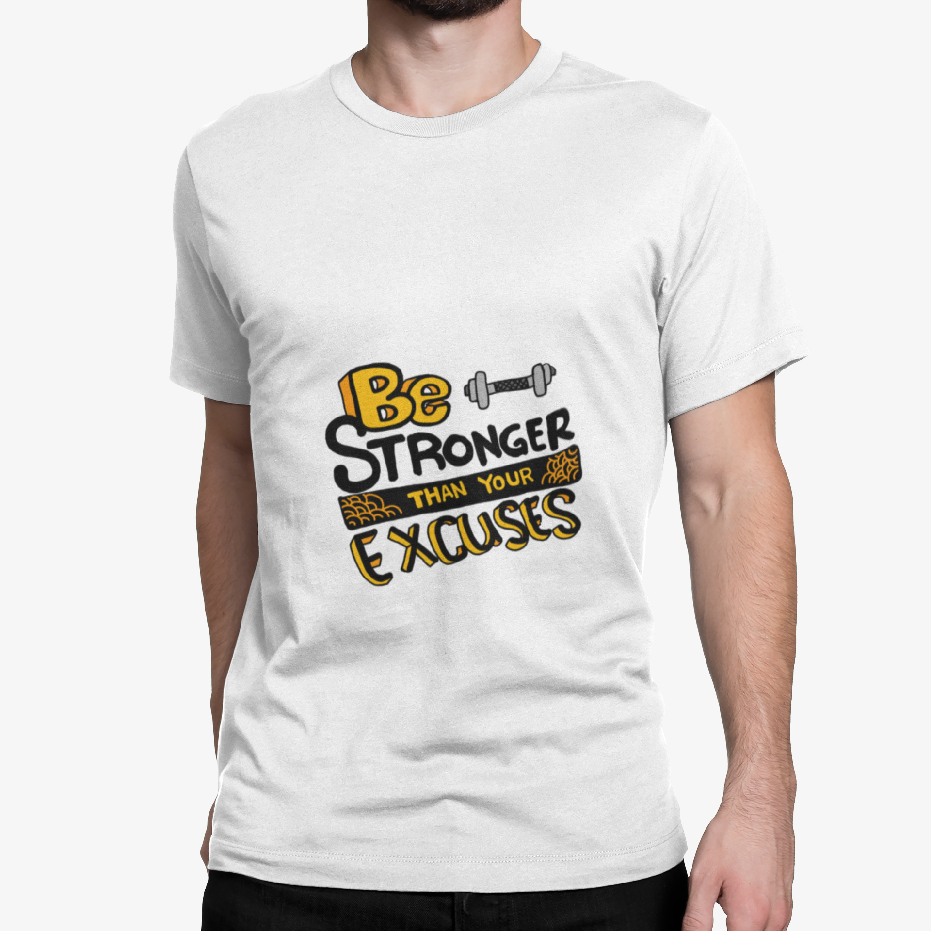 mockup-of-a-man-wearing-a-t-shirt-against-a-customizable-background-1423-el Unbound Be Stronger Than Your Excuses gym motivation quote printed on white t-shirt