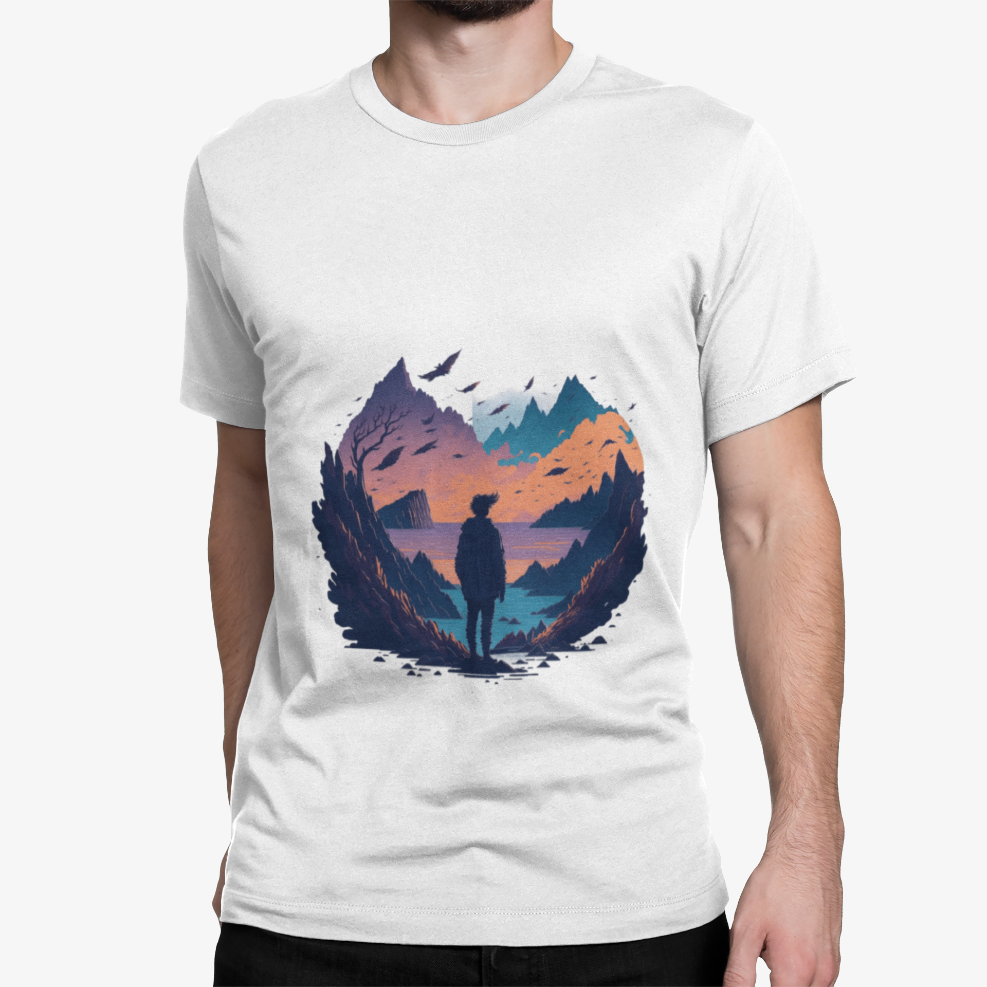 mockup-of-a-man-wearing-a-t-shirt-against-a-customizable-background-1423-el Unbound Wanderer minimal t-shirt showing a lone traveler in a surreal mountain landscape