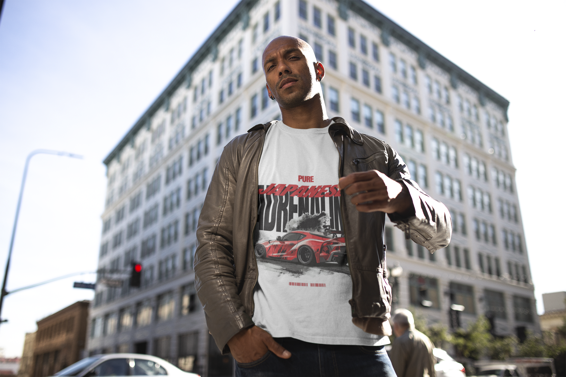 round-neck-tee-mockup-featuring-a-man-in-the-city-18312 JDM racing graphic t-shirt for men – Pure Japanese Adrenaline design by VEROSPARX