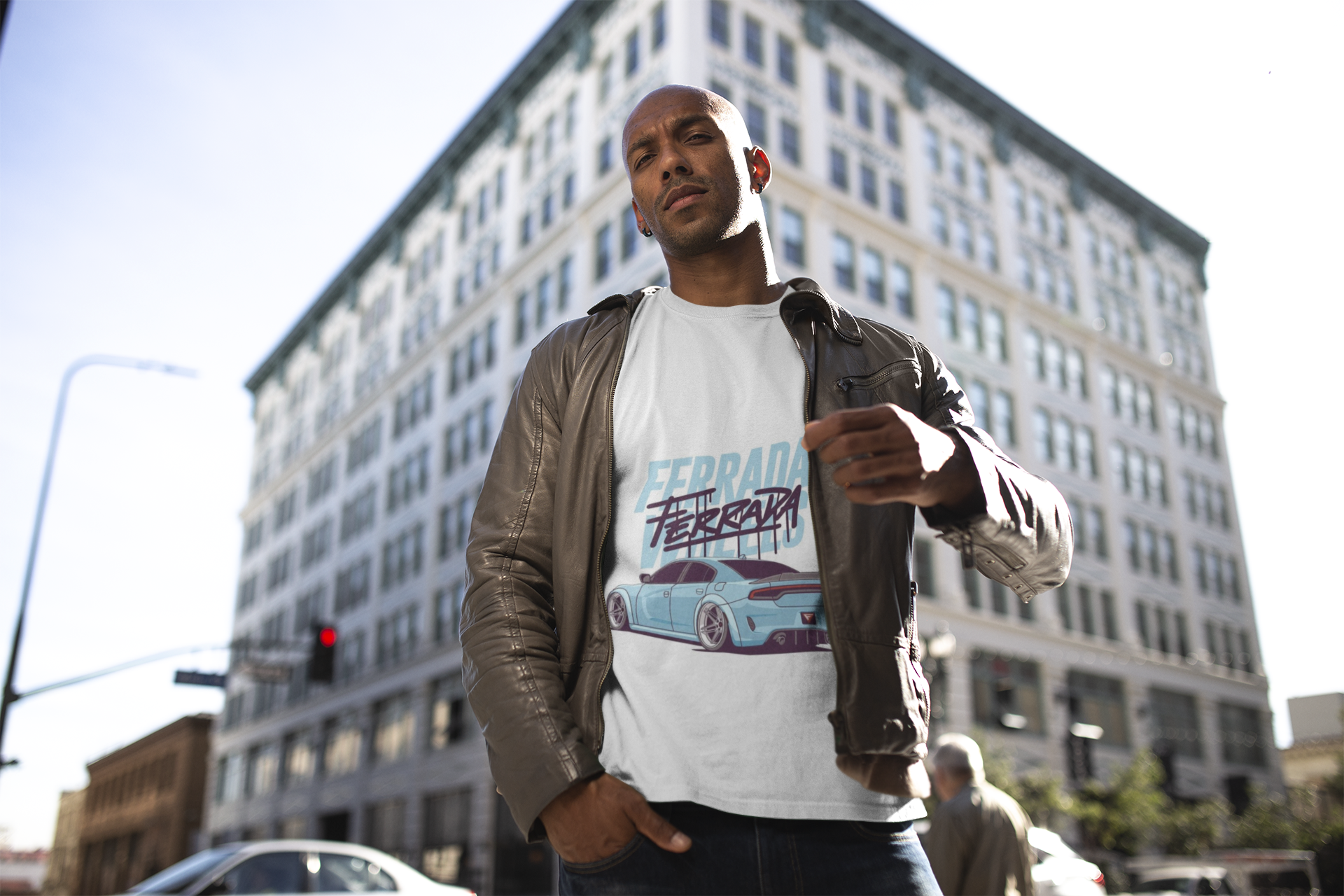 round-neck-tee-mockup-featuring-a-man-in-the-city-18312 Slammed Dodge Charger streetwear t-shirt American muscle car graphic tee Ferrada wheels car culture t-shirt