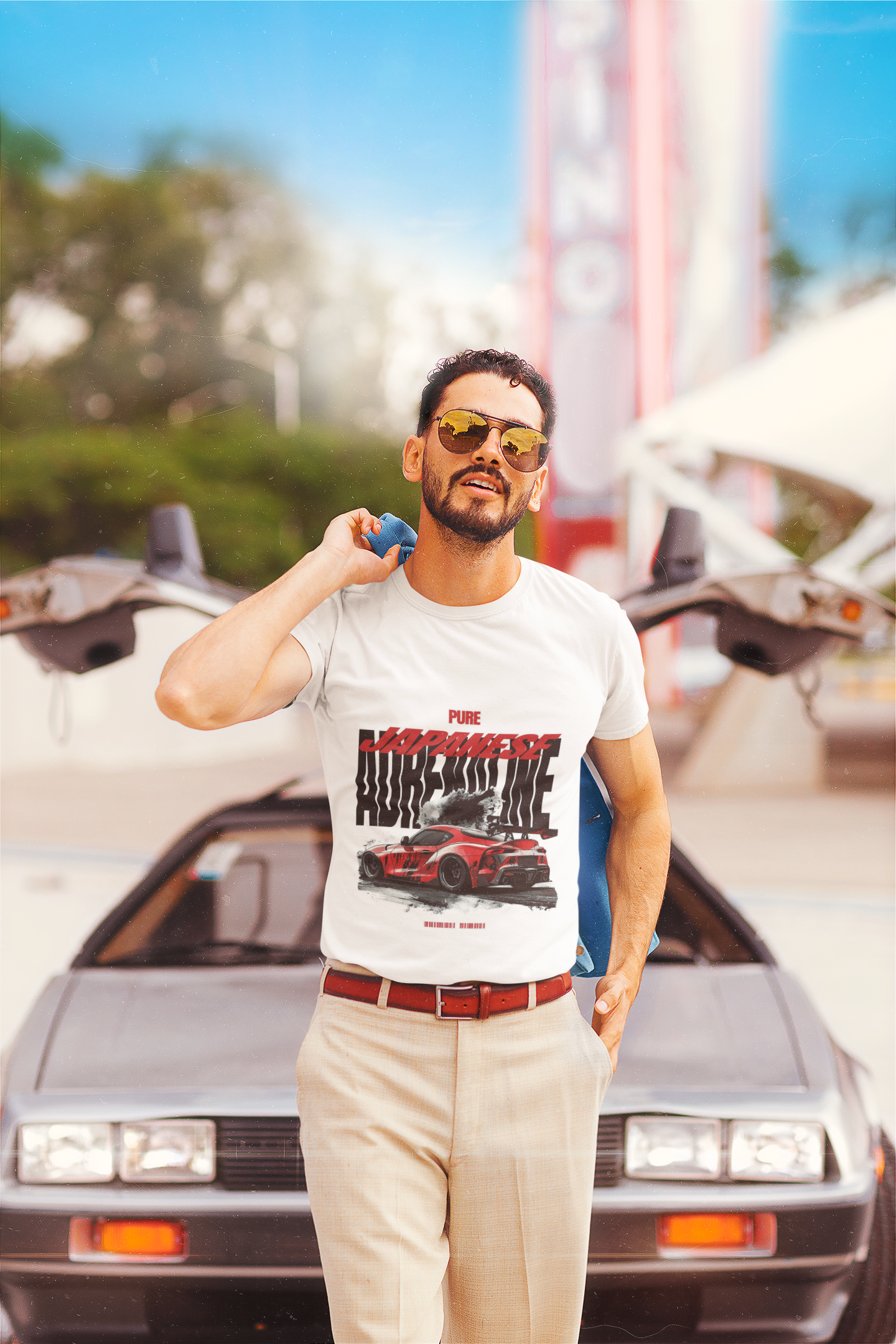 t-shirt-mockup-featuring-a-bearded-man-posing-by-an-80s-car-m12020 JDM racing graphic t-shirt for men – Pure Japanese Adrenaline design by VEROSPARX